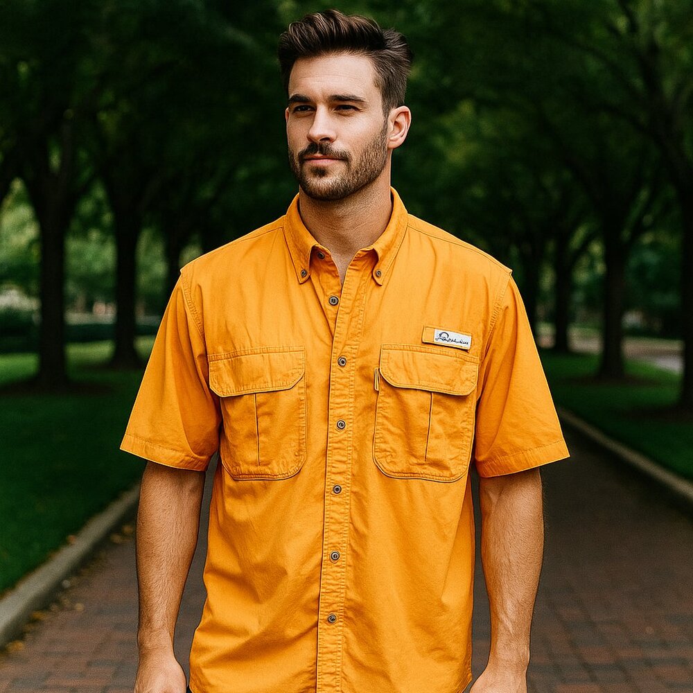World Wide Sportsman Men L Orange Nylon Vented UPF50 Fishing Short Sleeve Shirt